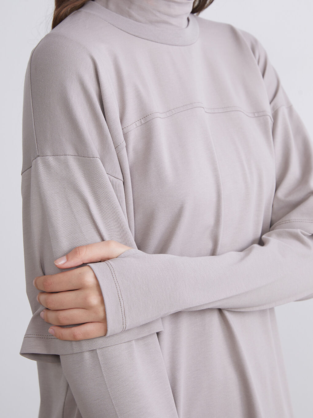 Kahverengi Dik Yaka Oversize Kadın Tunik-3