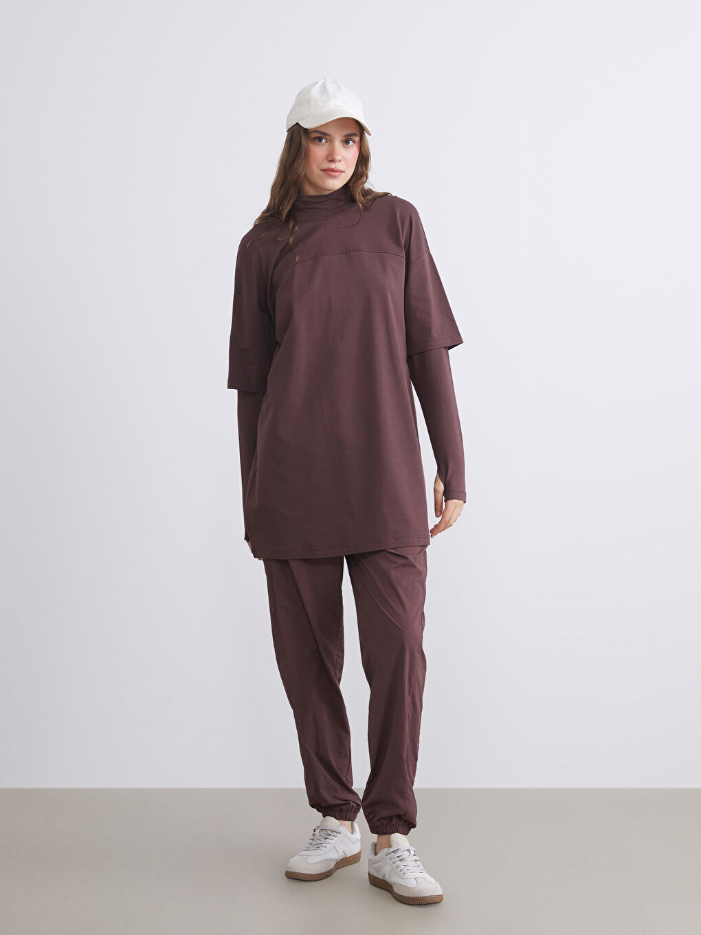 Kahverengi Dik Yaka Oversize Kadın Tunik-1