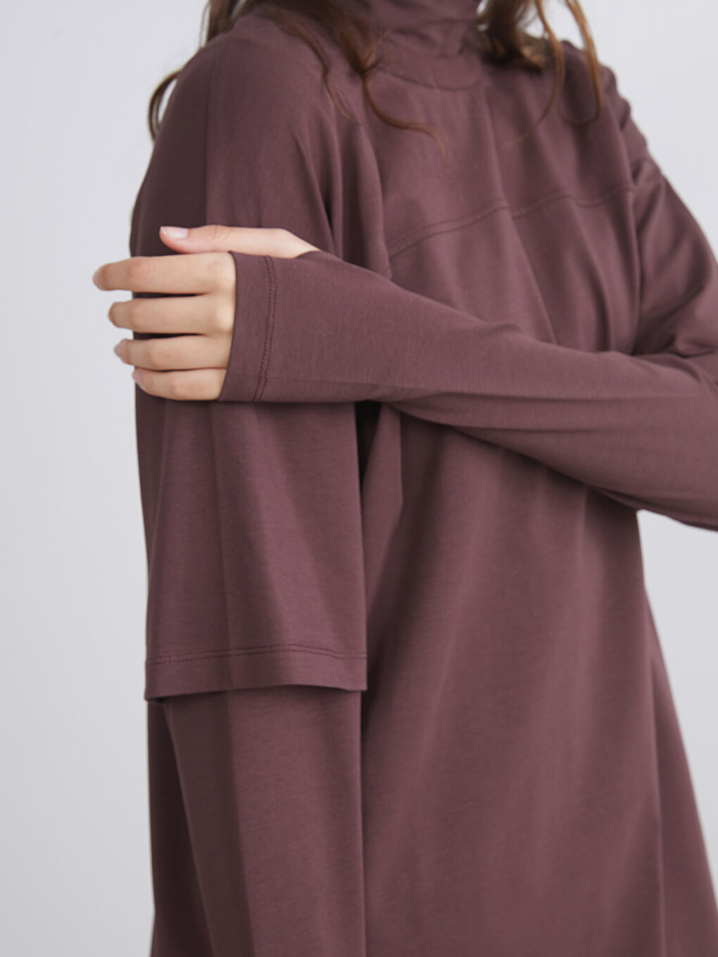 Kahverengi Dik Yaka Oversize Kadın Tunik-2