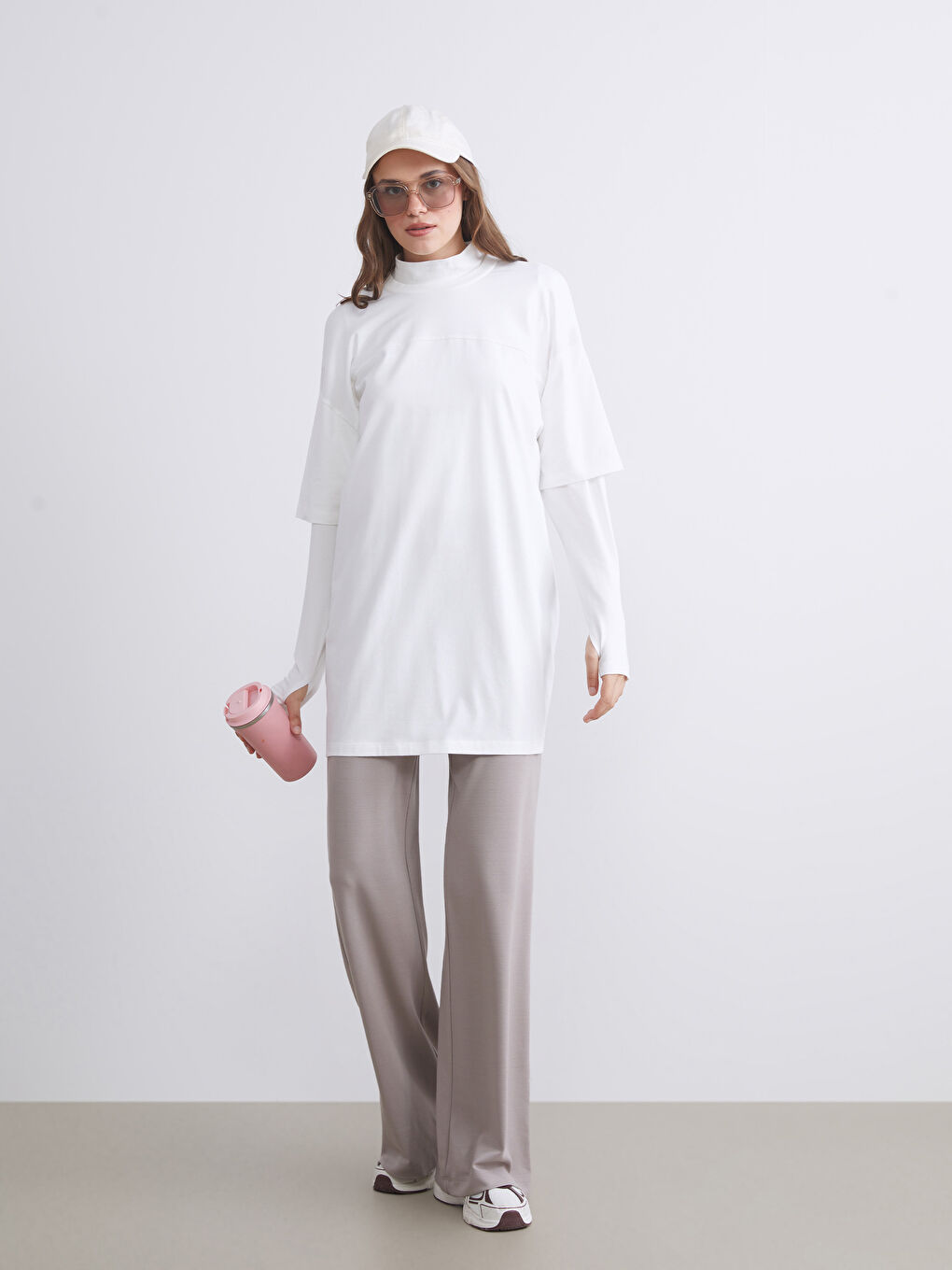 Ekru Dik Yaka Oversize Kadın Tunik-1