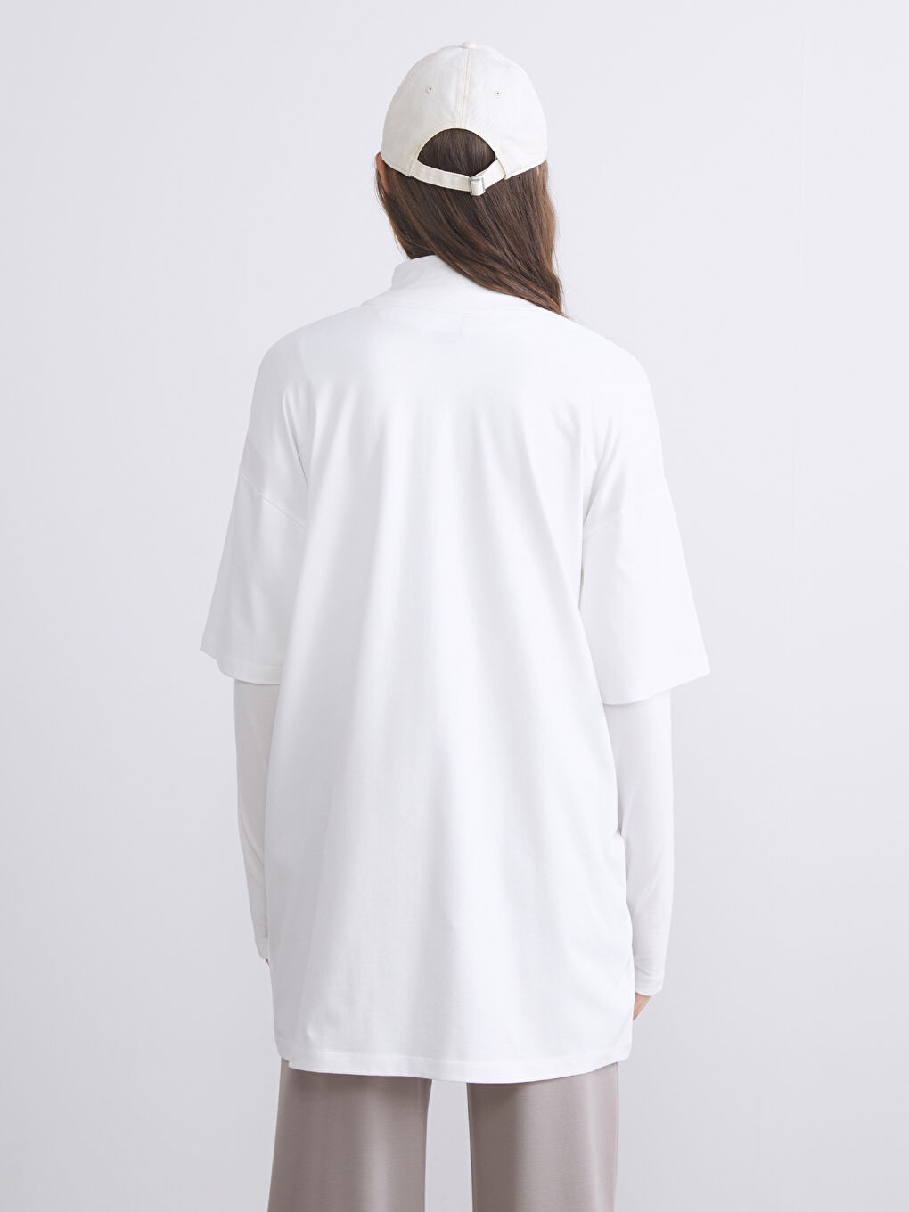 Ekru Dik Yaka Oversize Kadın Tunik-3