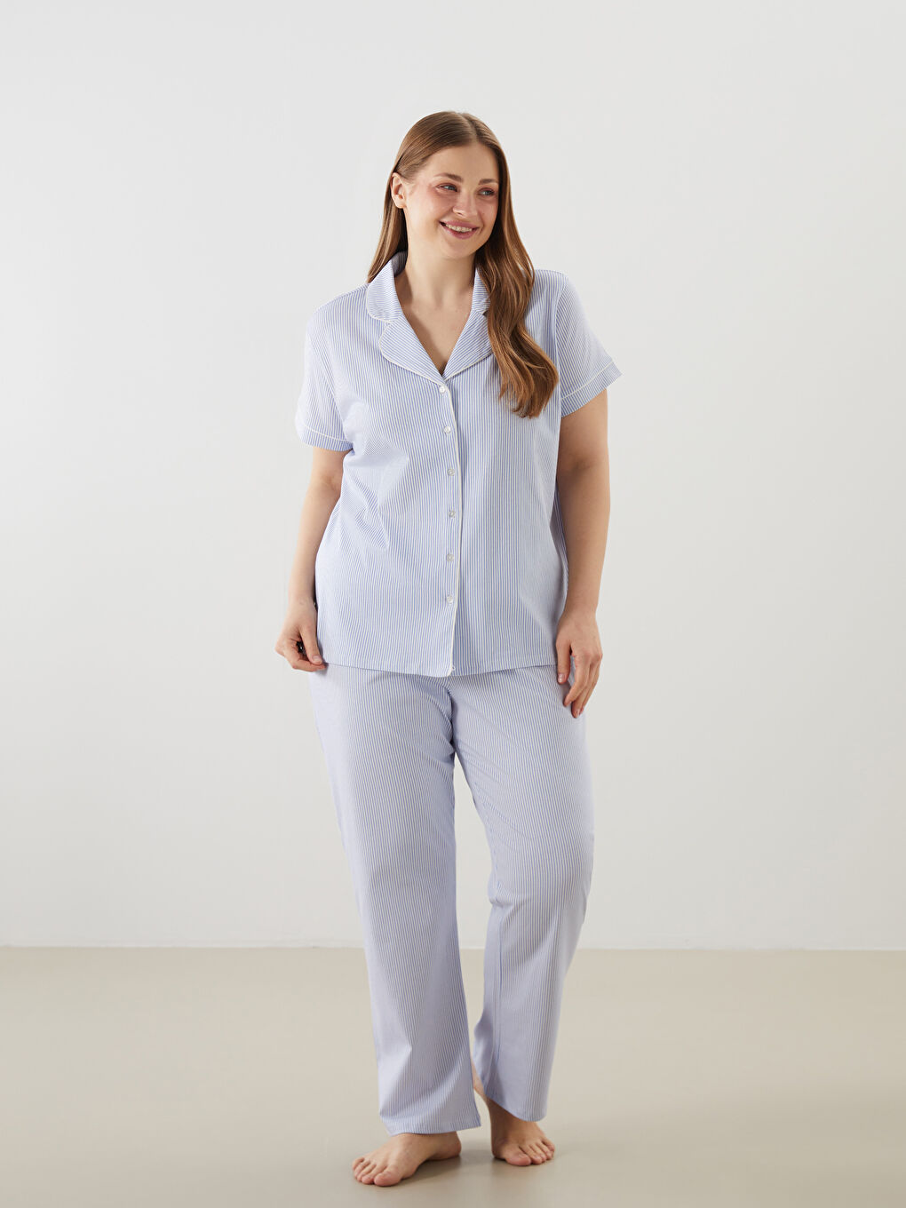 Mavi Büyük Beden Gömlek Yaka Kadın Pijama Üst