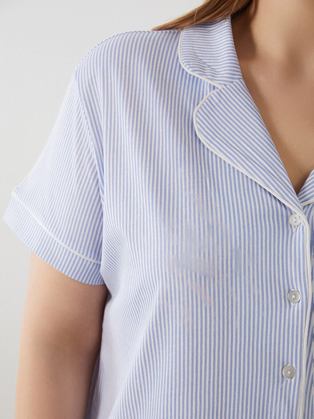 Mavi Büyük Beden Gömlek Yaka Kadın Pijama Üst-2