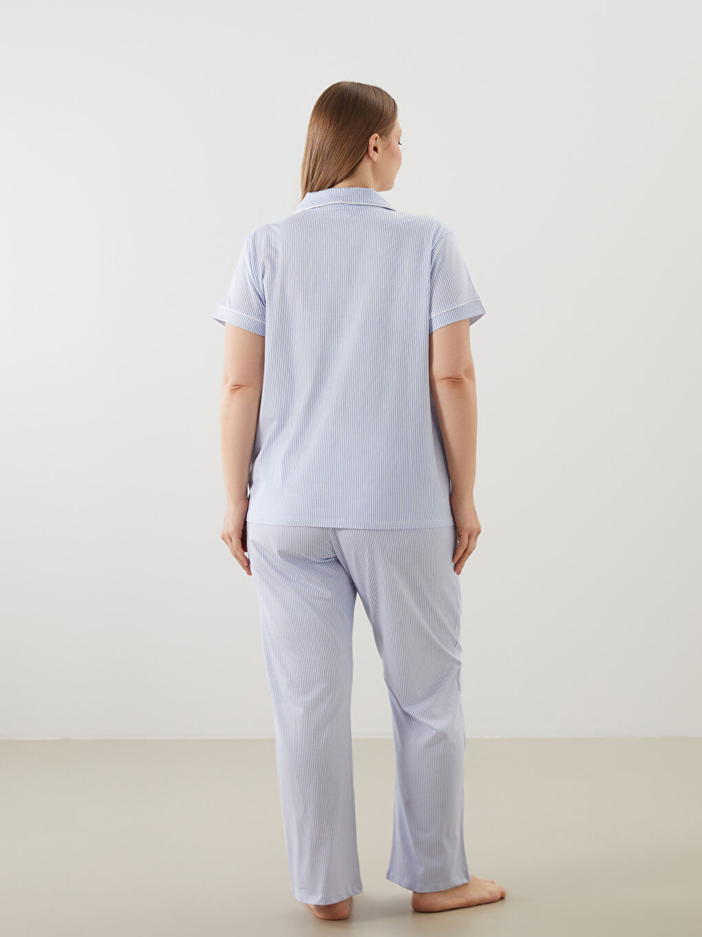 Mavi Büyük Beden Gömlek Yaka Kadın Pijama Üst-3