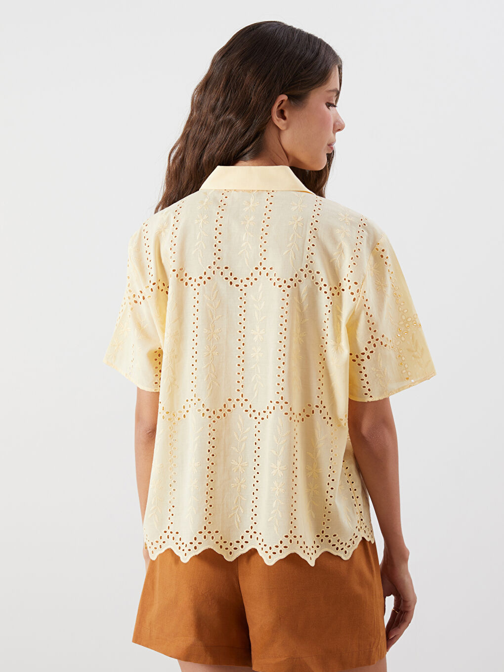 Sarı Ajurlu Brode Kadın Gömlek-3
