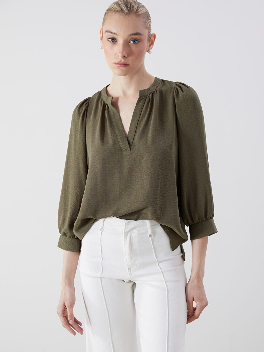 Notch Neck Ruched Blouse