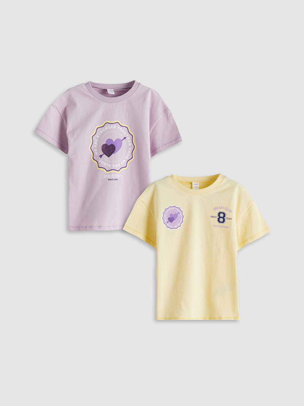 Sarı Bisiklet Yaka Baskılı Kız Çocuk Tişört 2'li