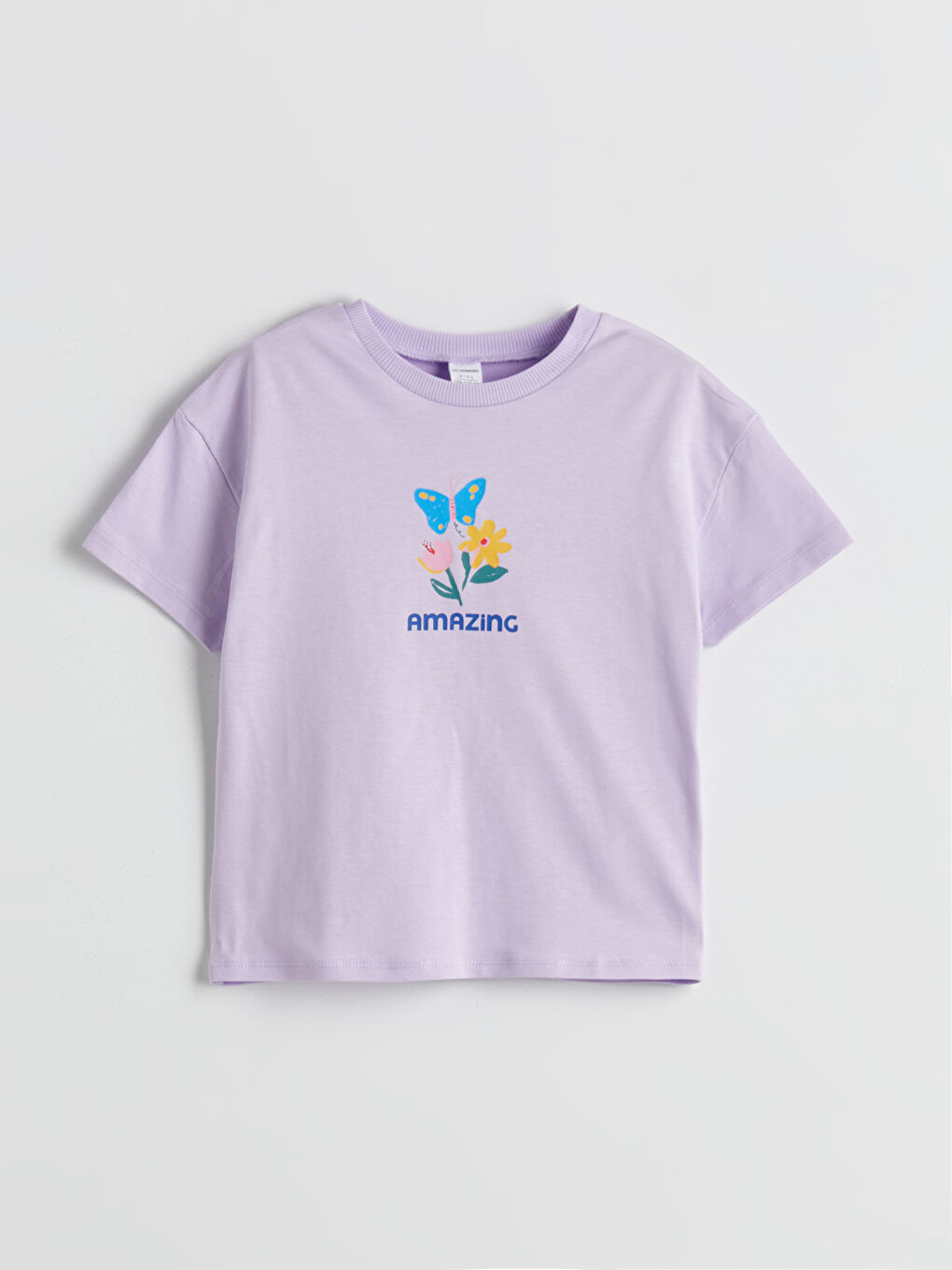Lila Bisiklet Yaka Çiçekli Kız Çocuk Tişört-1