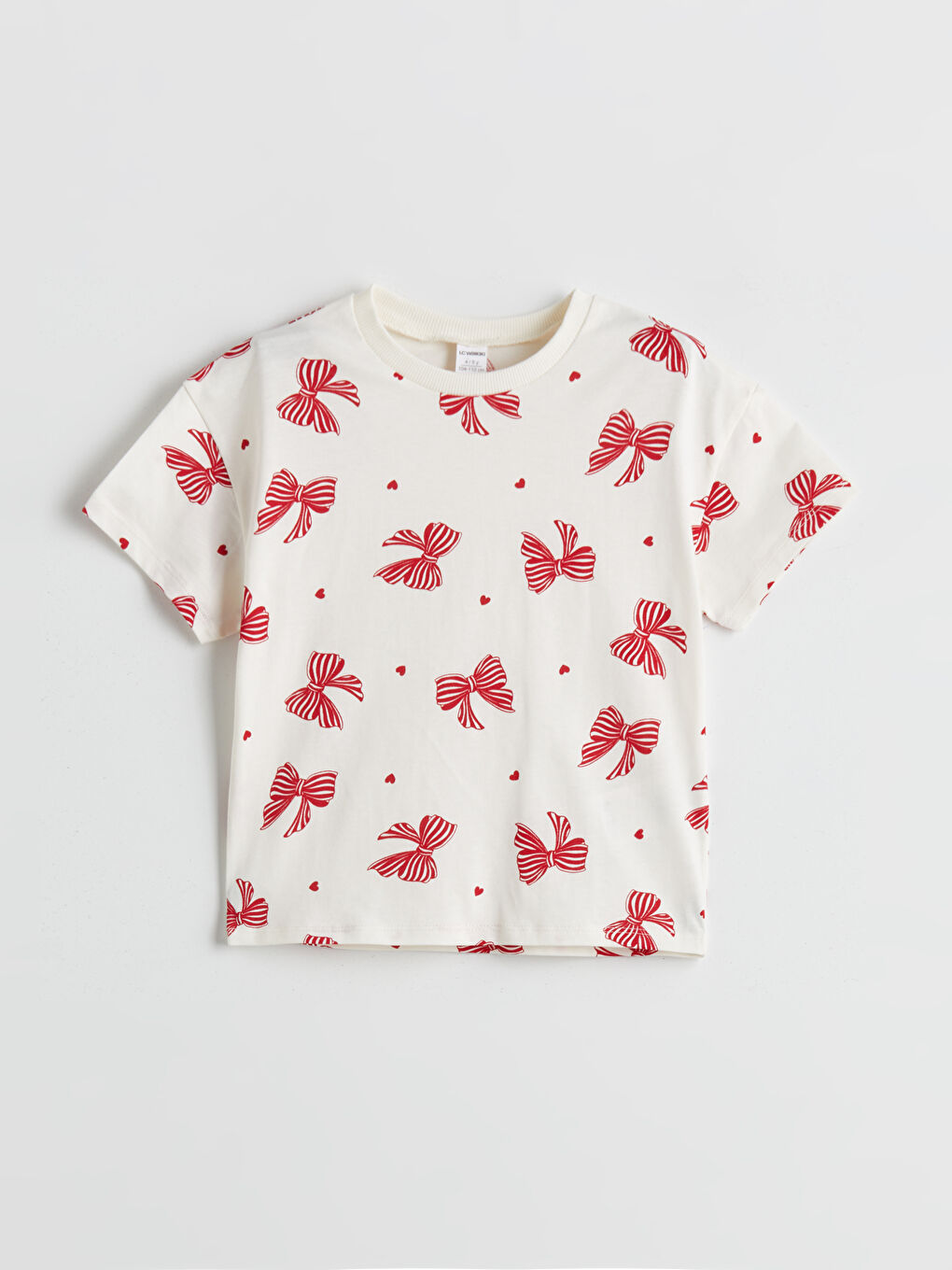 Ekru Bisiklet Yaka Kurdele Detaylı Kız Çocuk Tişört