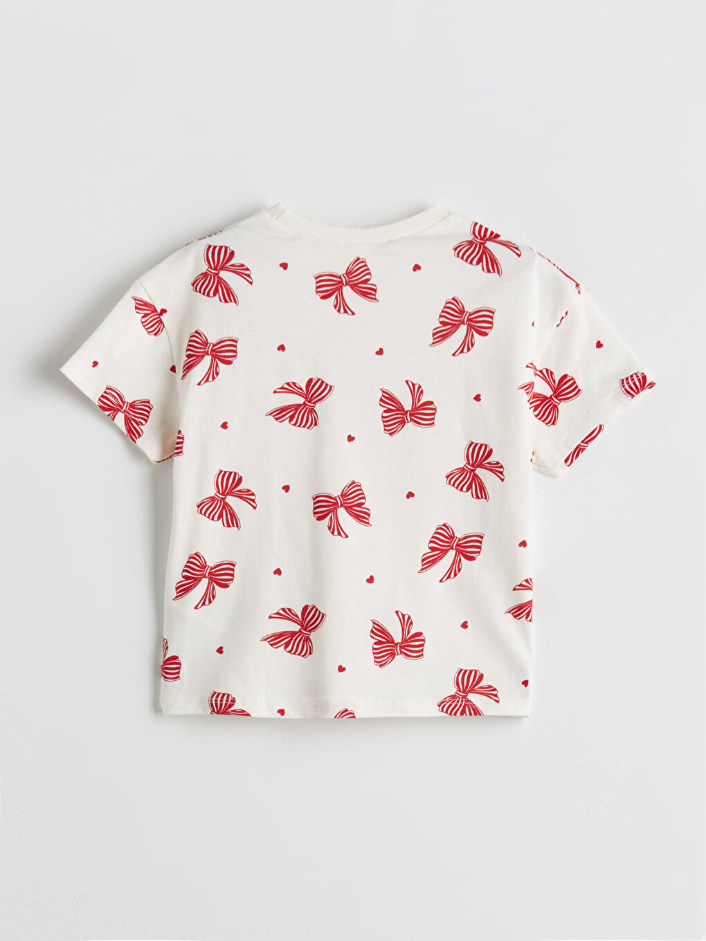 Ekru Bisiklet Yaka Kurdele Detaylı Kız Çocuk Tişört-1