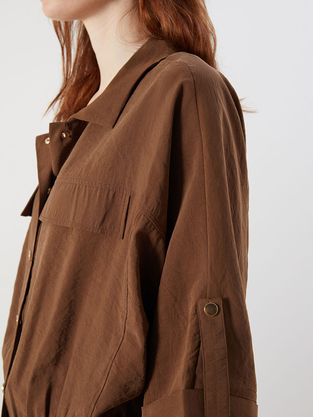 Kahverengi Oversize Modal Karışımlı Kadın Gömlek-2