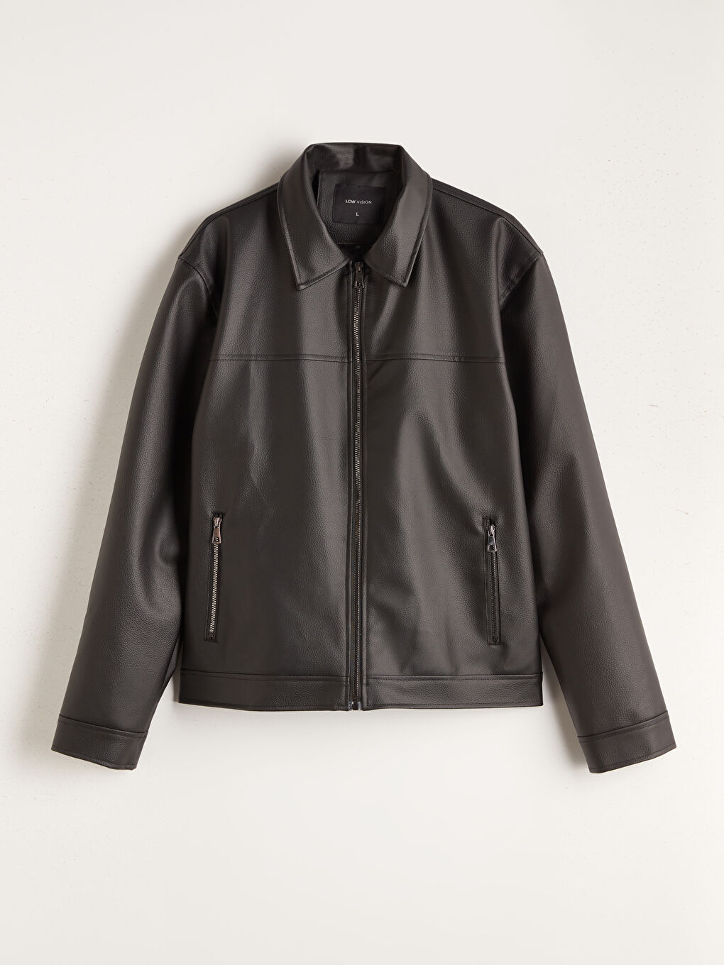 Siyah Standart Kalıp Gömlek Yaka Erkek Deri Görünümlü Ceket-5