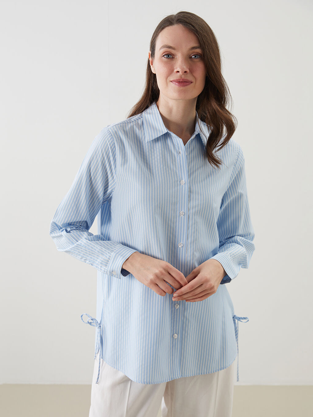 Mavi Çizgili Poplin Kadın Gömlek