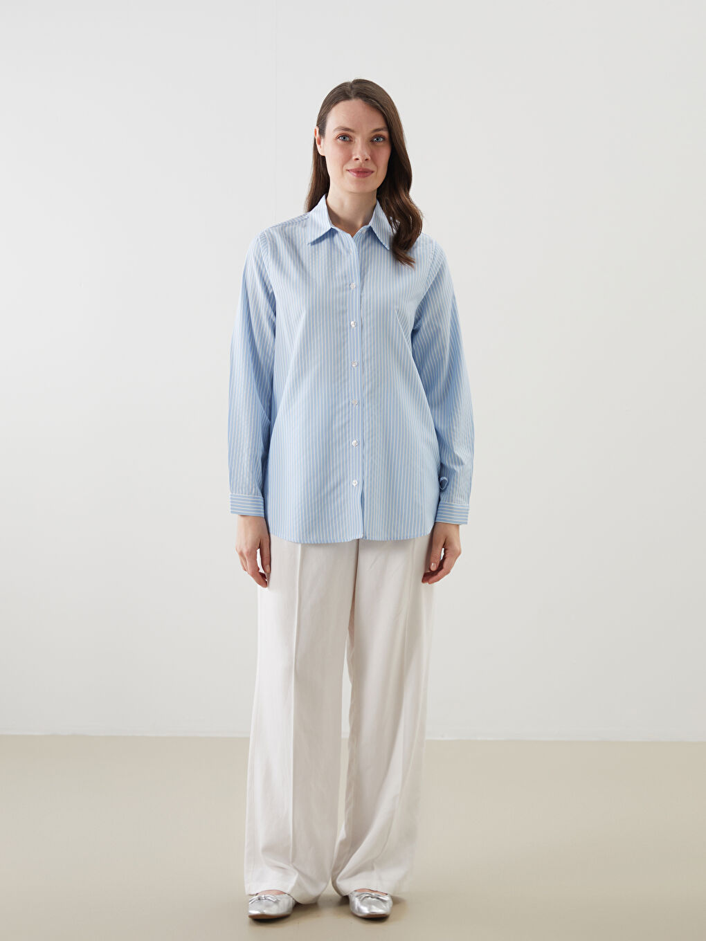 Mavi Çizgili Poplin Kadın Gömlek-1