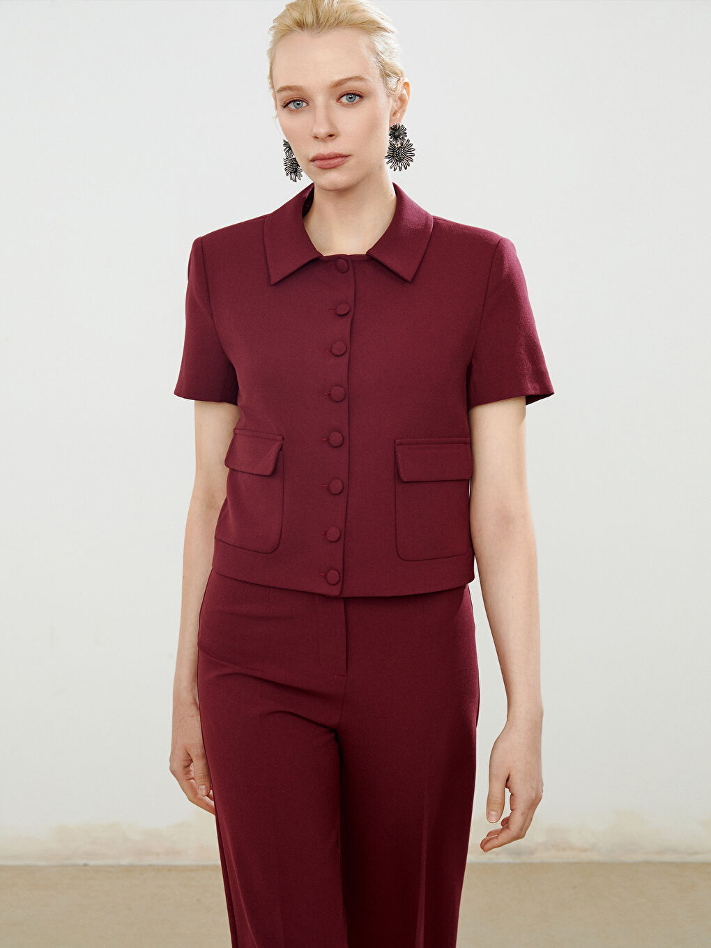 Bordo Gömlek Yaka Kadın Ceket