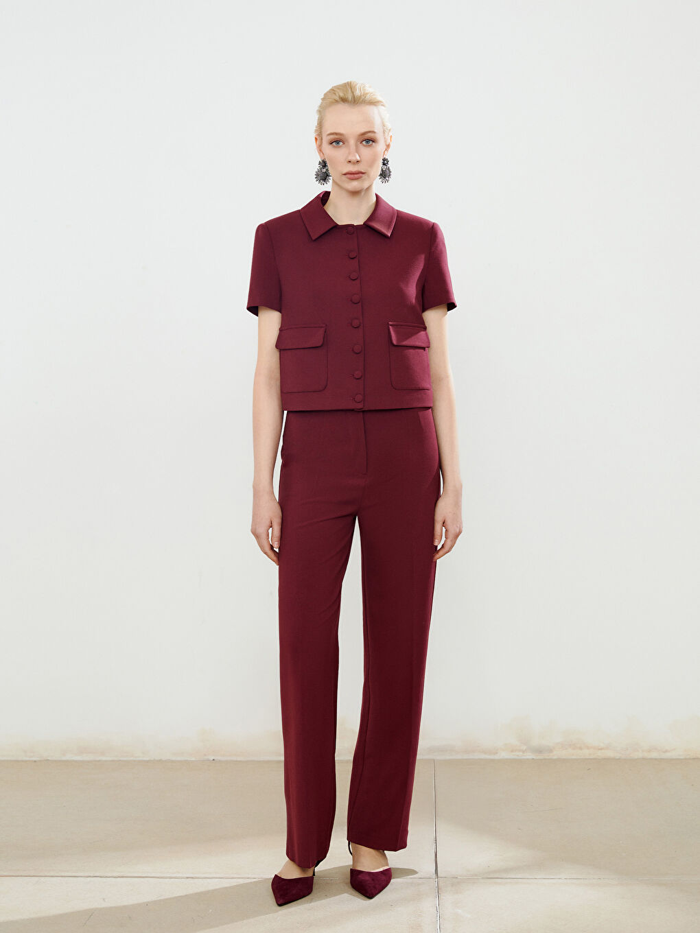 Bordo Gömlek Yaka Kadın Ceket-1