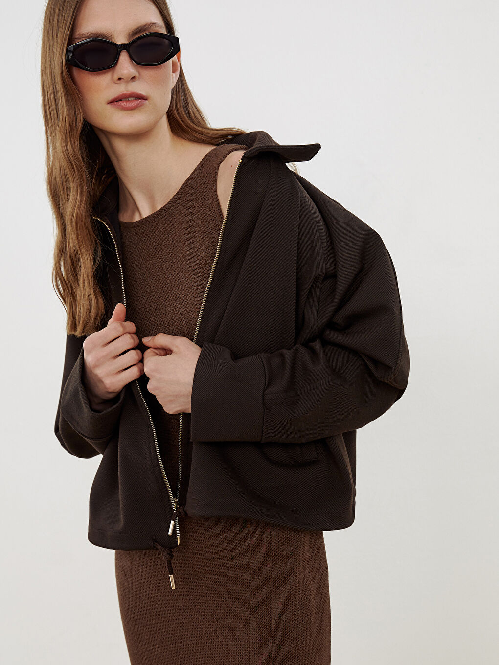 Kahverengi Gömlek Yaka Oversize Kadın Ceket