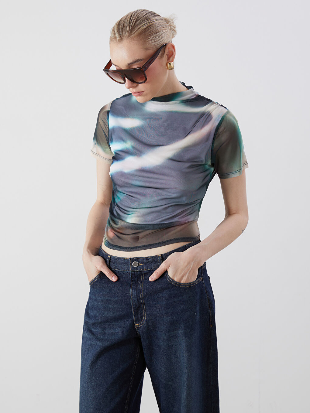Funnel Neck Tie-dye Ruched Blouse