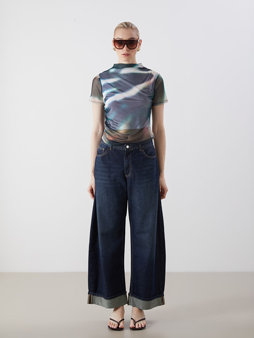 Funnel Neck Tie-dye Ruched Blouse-1