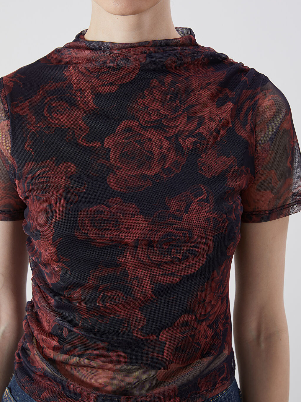 Blouse Froncée Florale à Col Cheminée-2