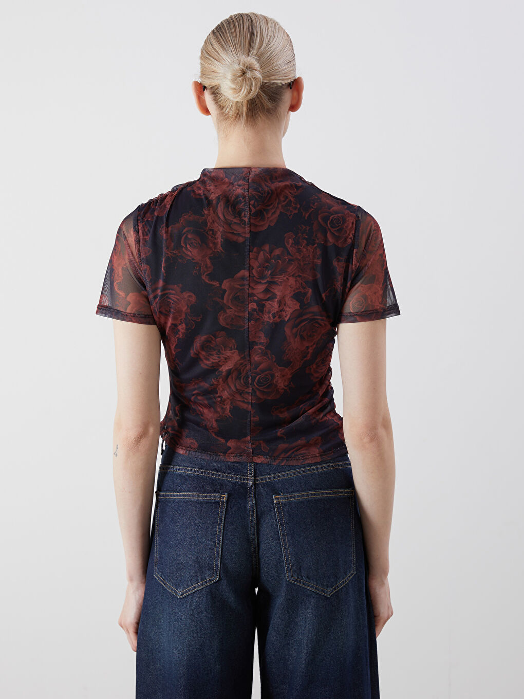 Blouse Froncée Florale à Col Cheminée-3