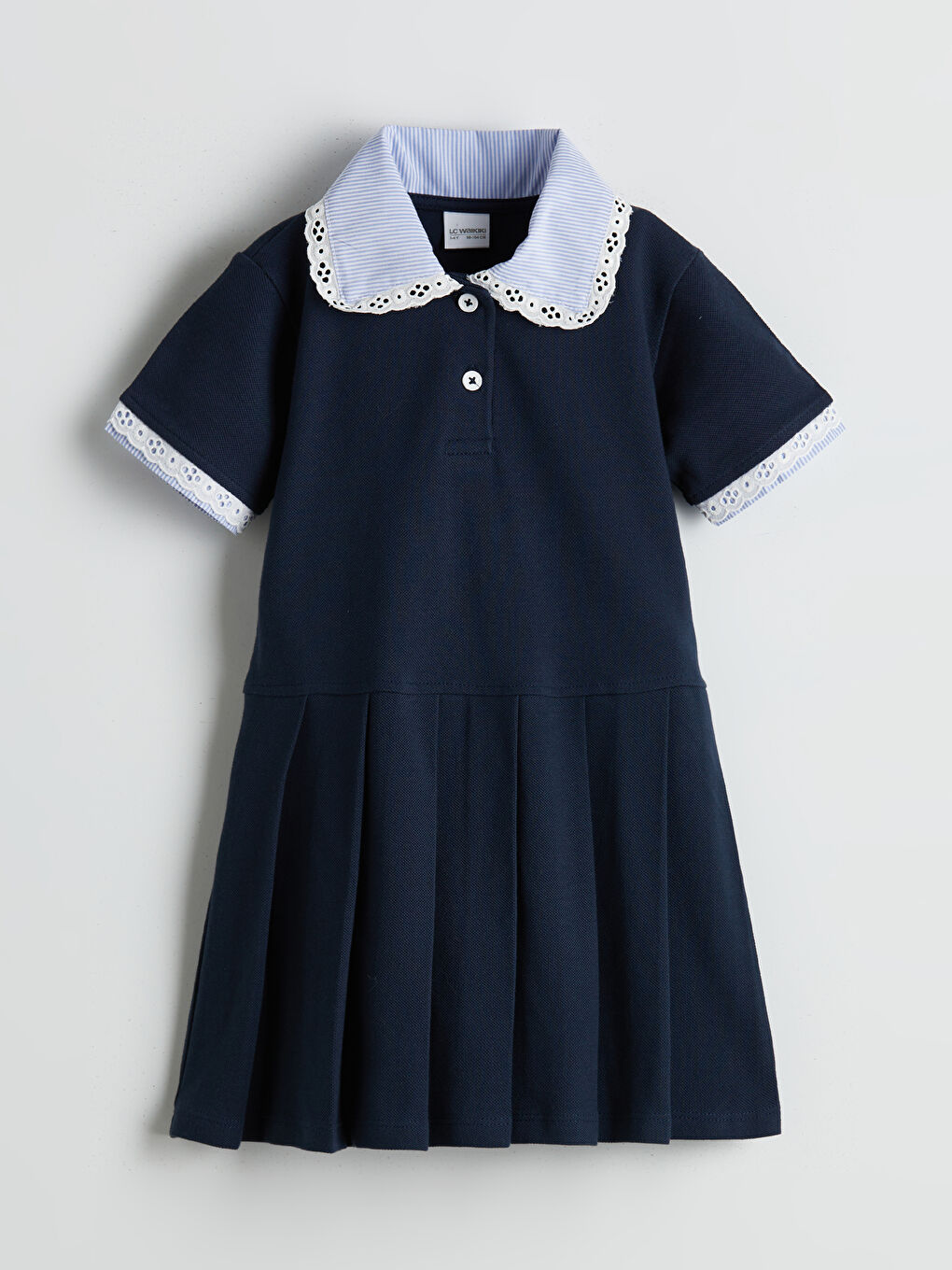 İndigo Polo Yaka Nakışlı Kız Çocuk Eteği Pileli Elbise