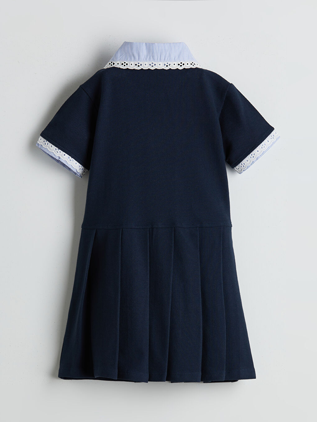 İndigo Polo Yaka Nakışlı Kız Çocuk Eteği Pileli Elbise-1