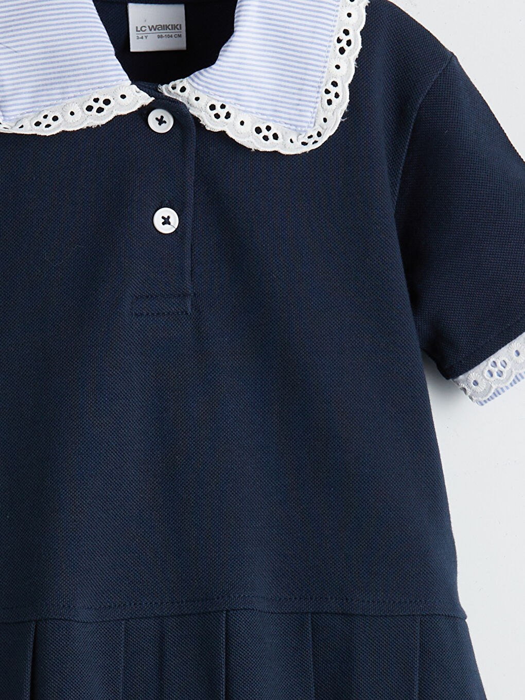 İndigo Polo Yaka Nakışlı Kız Çocuk Eteği Pileli Elbise-2