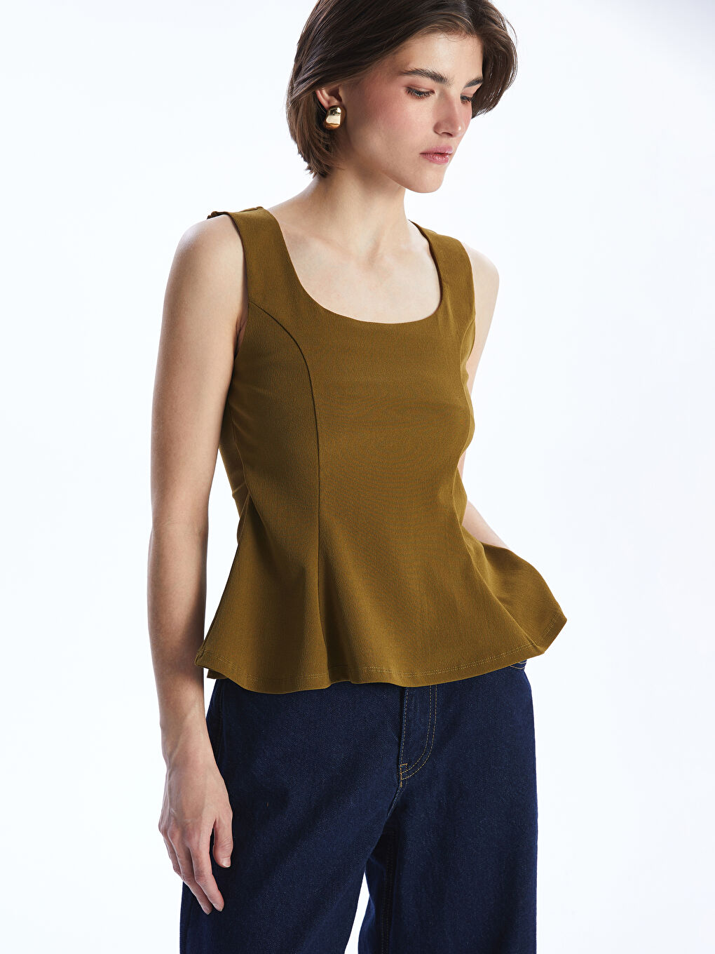 LCW Vision Haki Kare Yaka Peplum Bluz