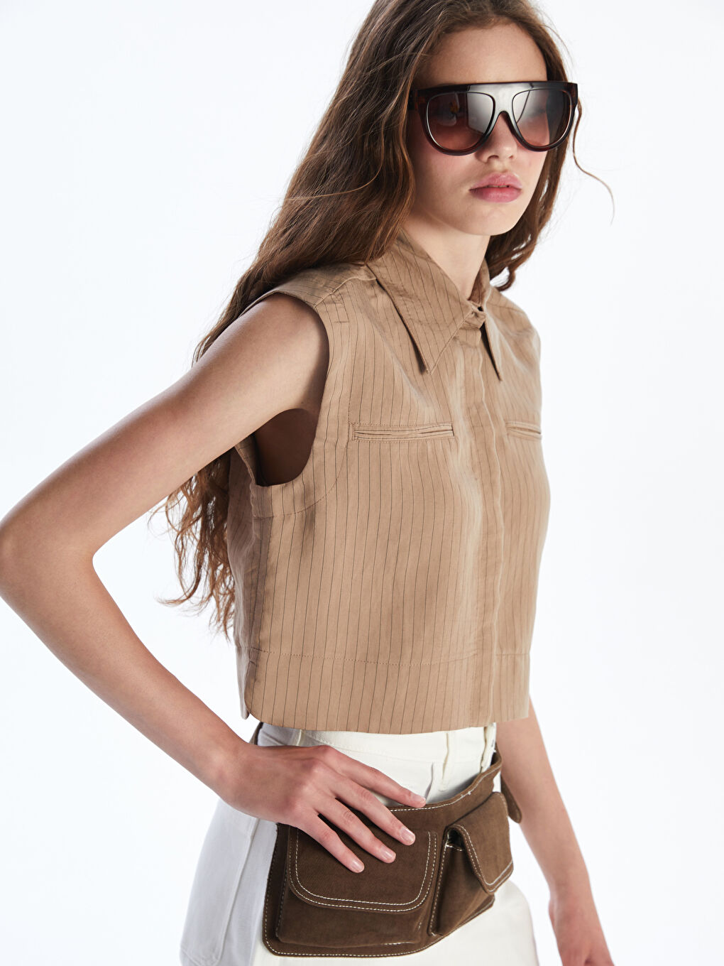 Kahverengi Çizgili Modal Karışımlı Kadın Gömlek-1