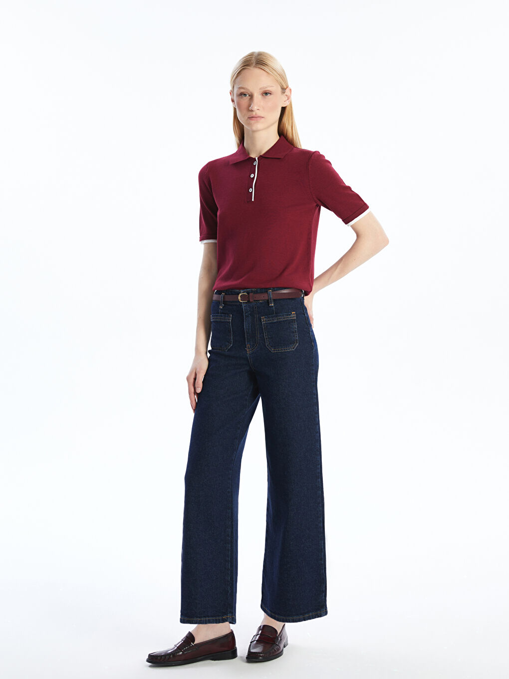 İndigo Beli Kemerli Wideleg Kadın Jean Pantolon