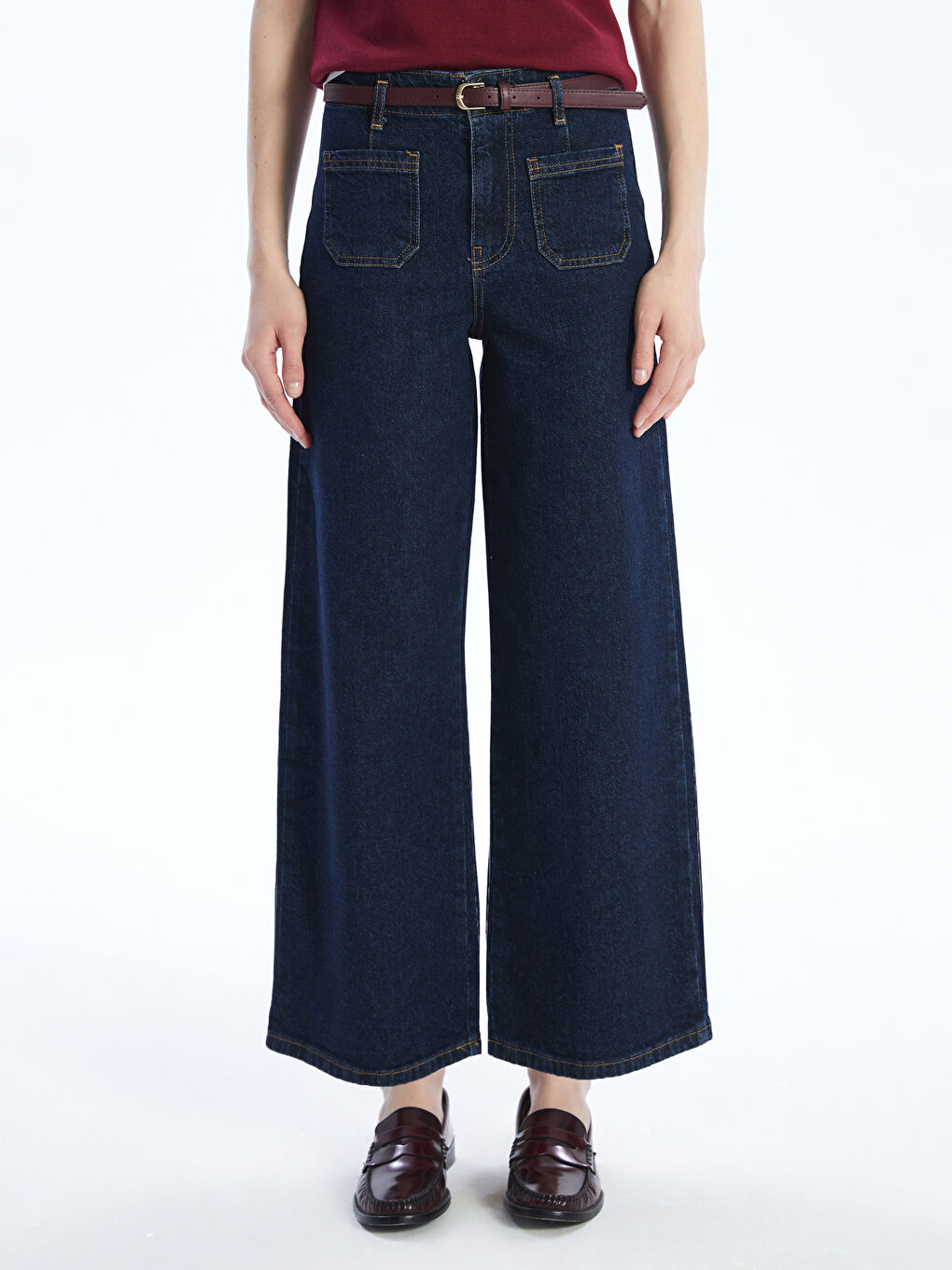 İndigo Beli Kemerli Wideleg Kadın Jean Pantolon-1