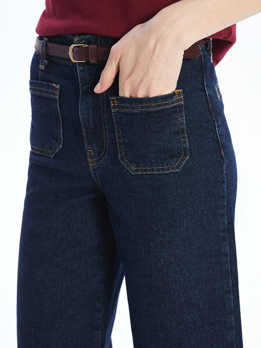 İndigo Beli Kemerli Wideleg Kadın Jean Pantolon-2