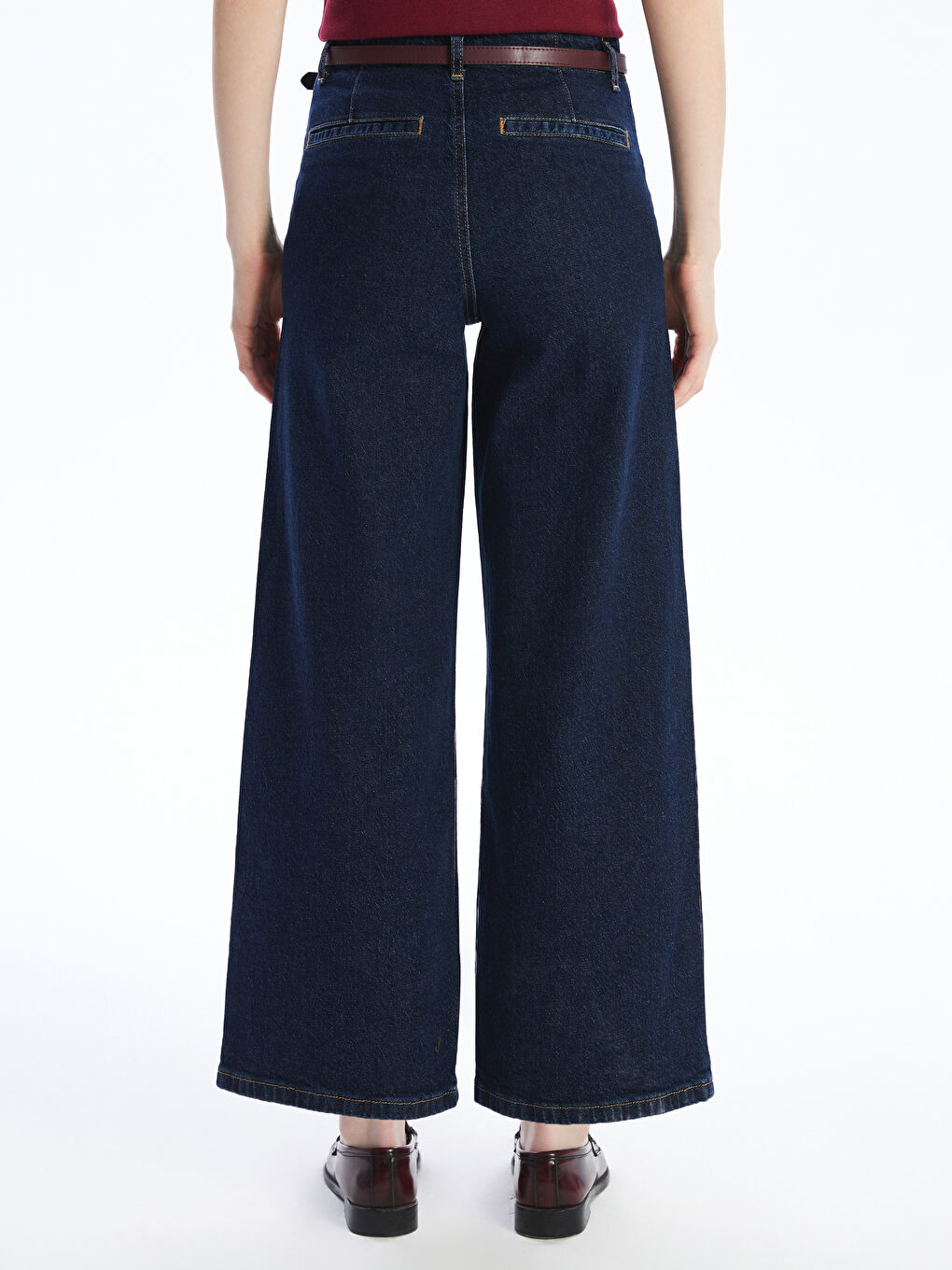 İndigo Beli Kemerli Wideleg Kadın Jean Pantolon-3