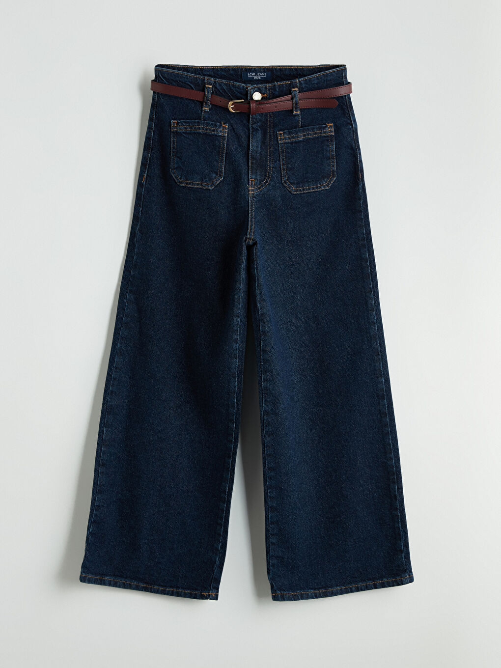 İndigo Beli Kemerli Wideleg Kadın Jean Pantolon-4