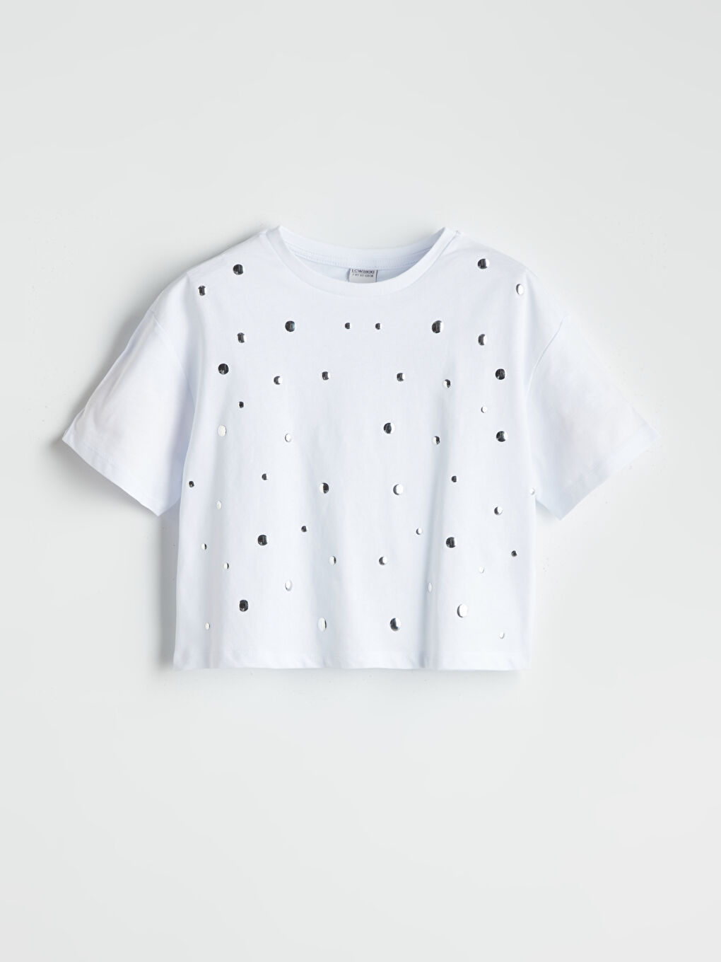 Ekru Bisiklet Yaka Taşlı Kız Çocuk Tişört