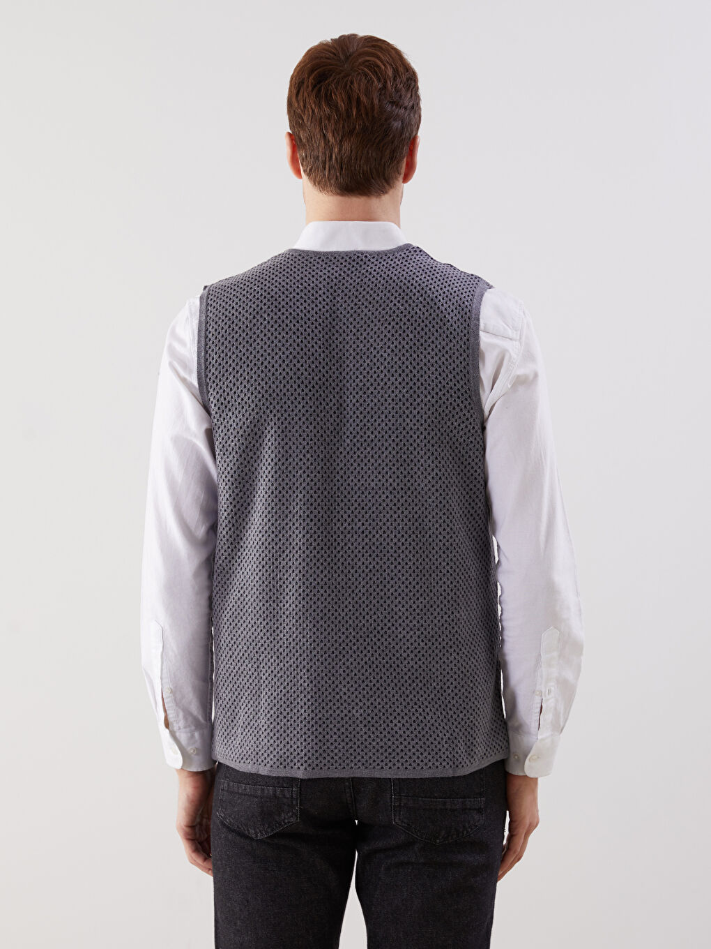 Gri Standart Kalıp V Yaka Erkek Triko Yelek-3