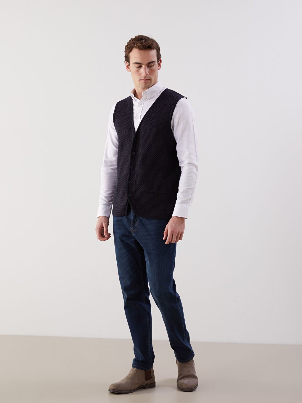 Bordo Standart Kalıp V Yaka Erkek Triko Yelek-1