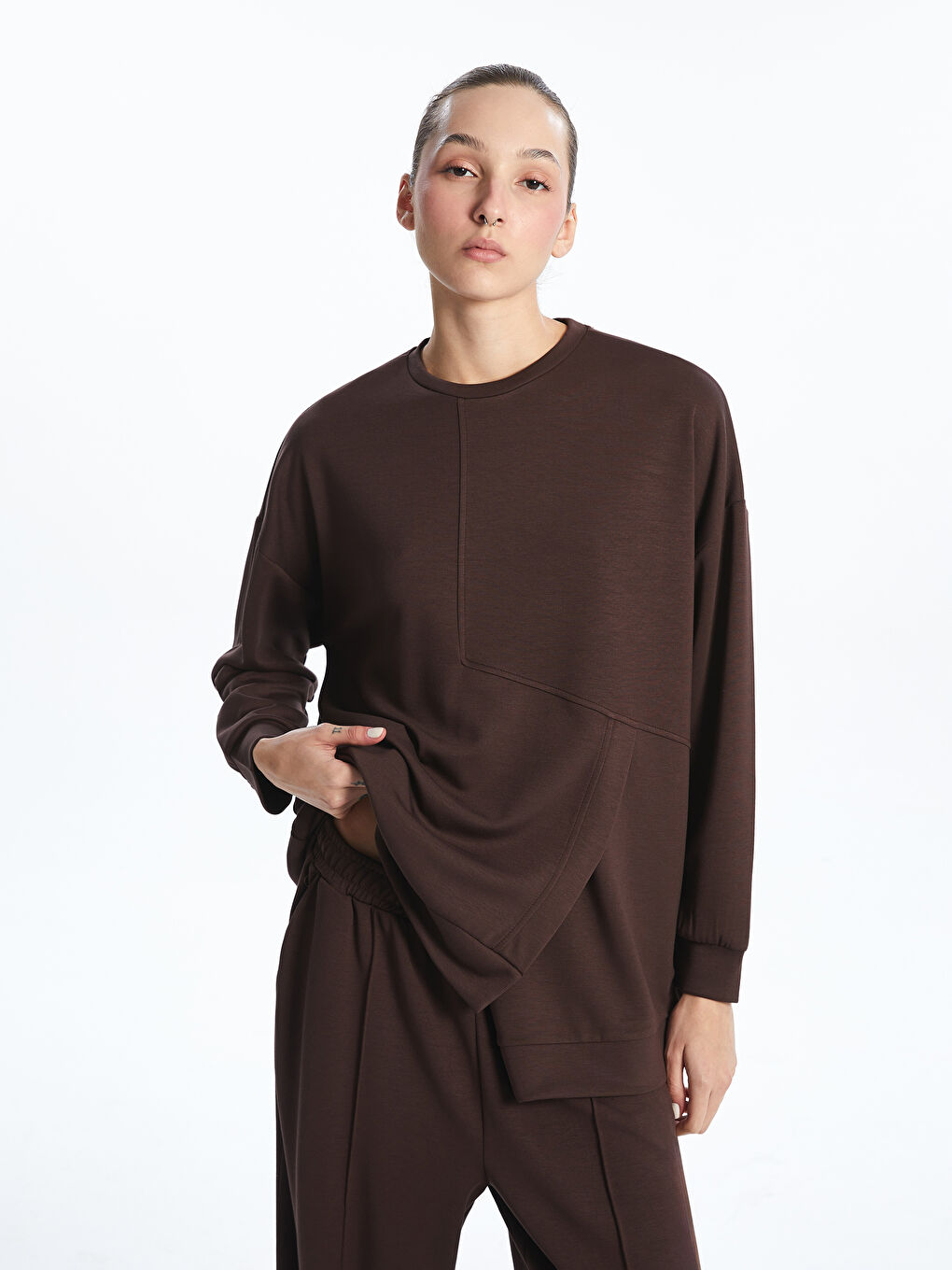 Kahverengi Bisiklet Yaka Kadın Sweatshirt