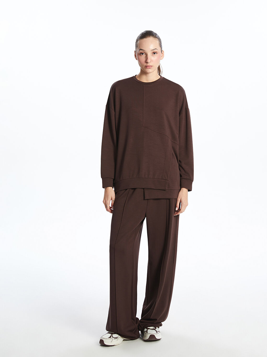 Kahverengi Bisiklet Yaka Kadın Sweatshirt-1