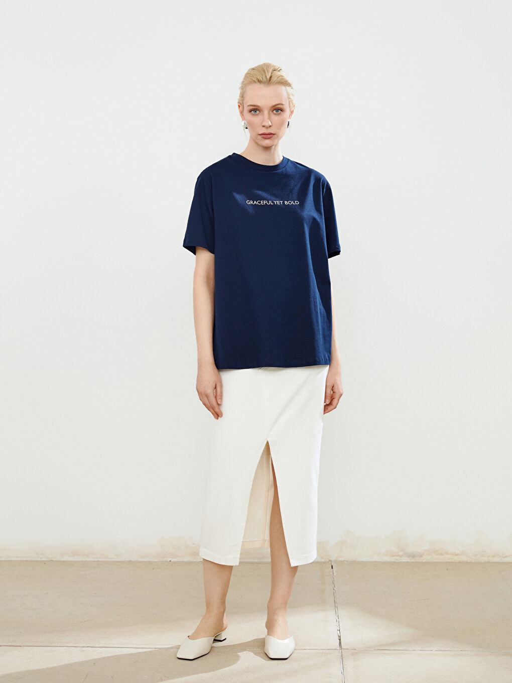 Lacivert Bisiklet Yaka Baskılı Oversize Kadın Tişört-1