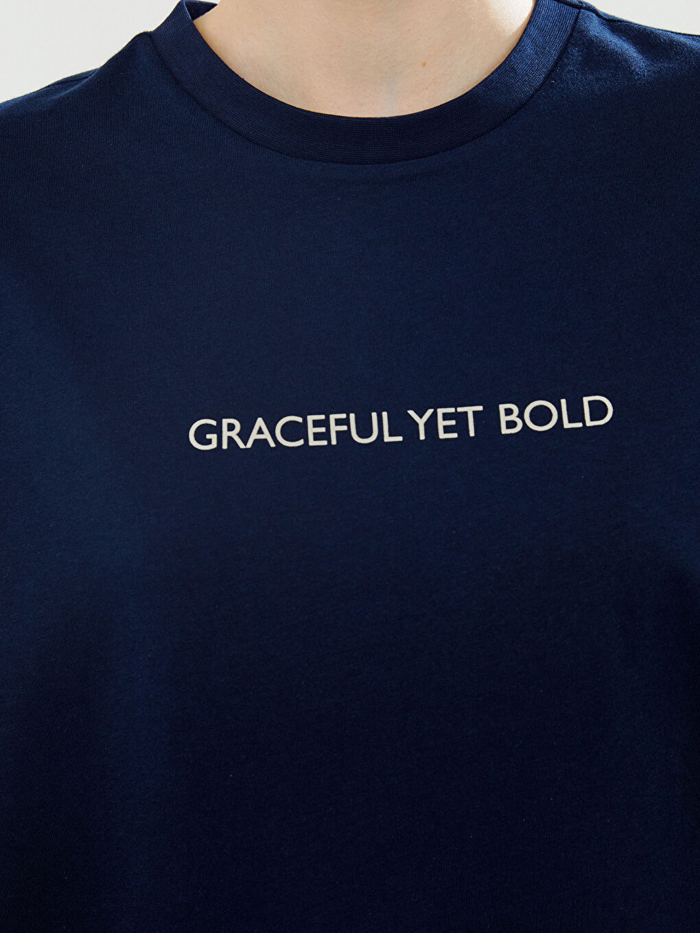 Lacivert Bisiklet Yaka Baskılı Oversize Kadın Tişört-2