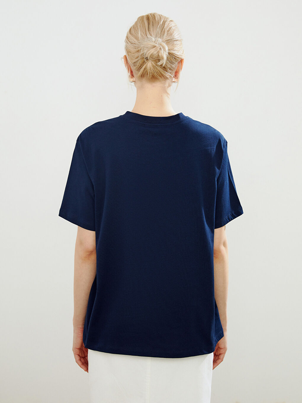 Lacivert Bisiklet Yaka Baskılı Oversize Kadın Tişört-3