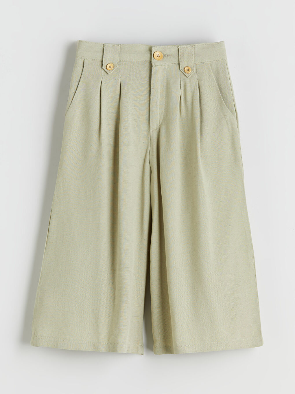 Yeşil Keten Karışımlı Pileli Kız Çocuk Kapri