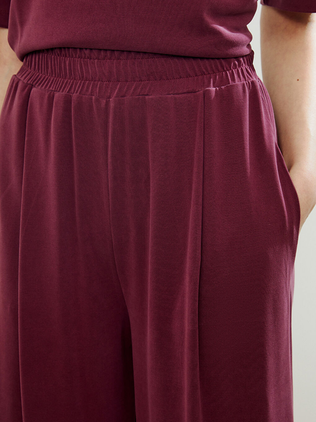 Bordo Beli Lastikli Modal Karışımlı Kadın Eşofman Altı-2