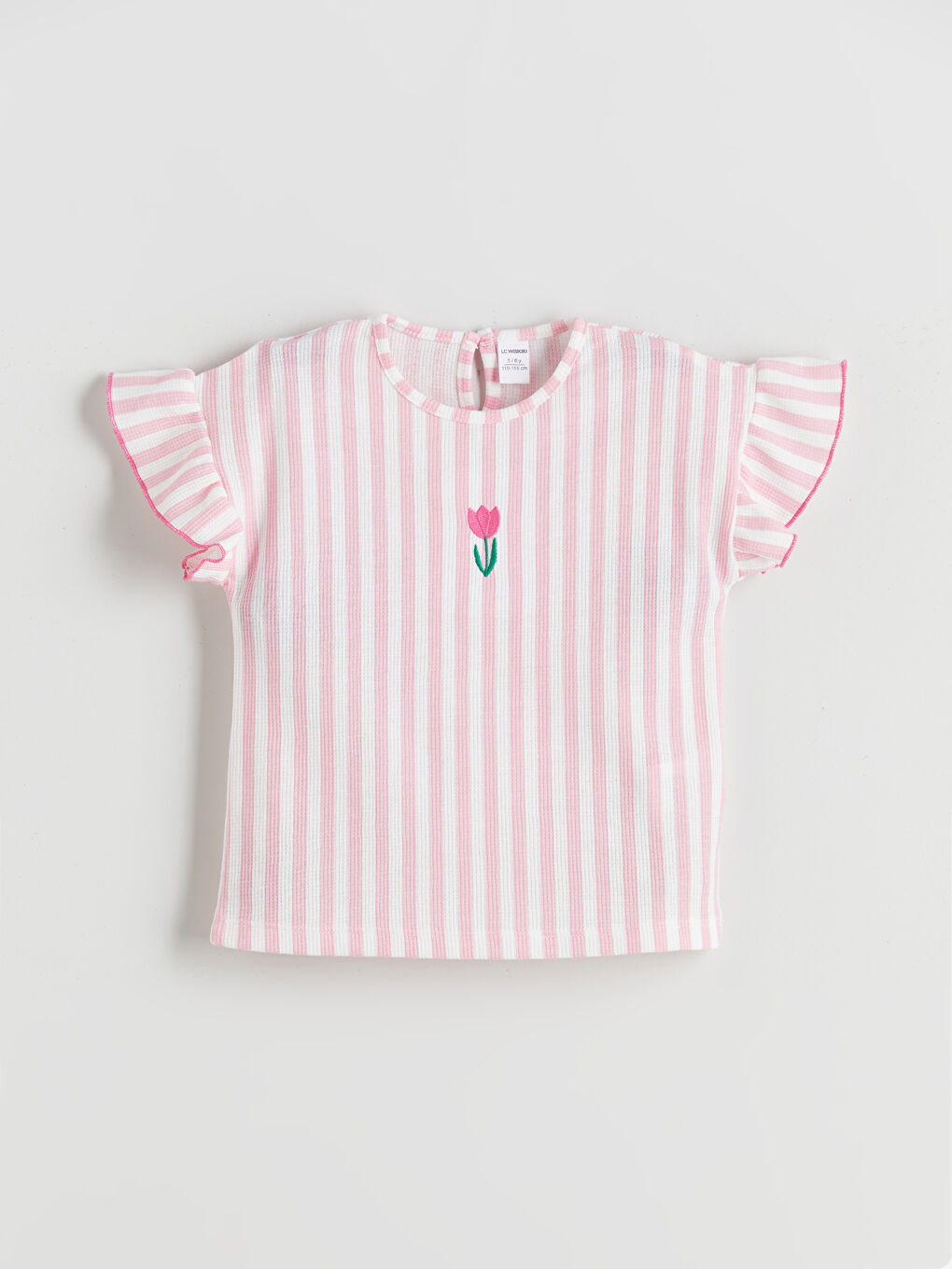 Pembe Bisiklet Yaka Çiçek Nakışlı Kız Çocuk Tişört