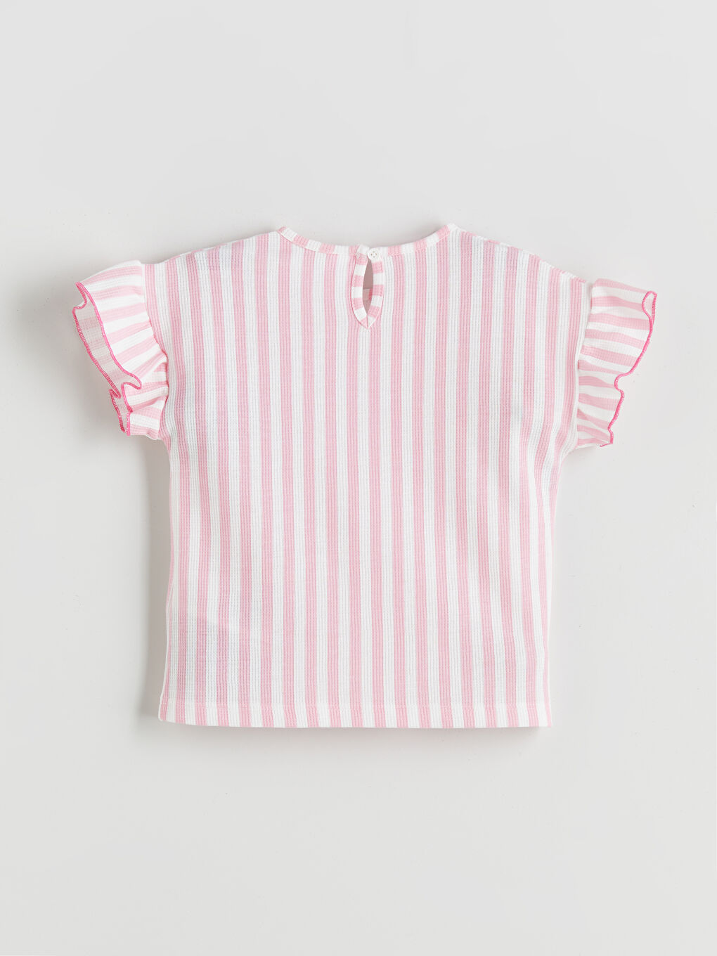 Pembe Bisiklet Yaka Çiçek Nakışlı Kız Çocuk Tişört-1