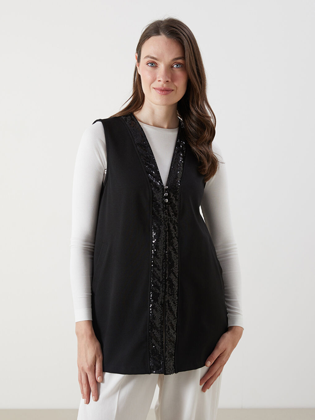 LCW ECO V Neck Sequined Women's Waistcoat -S5PE77Z8-CVL