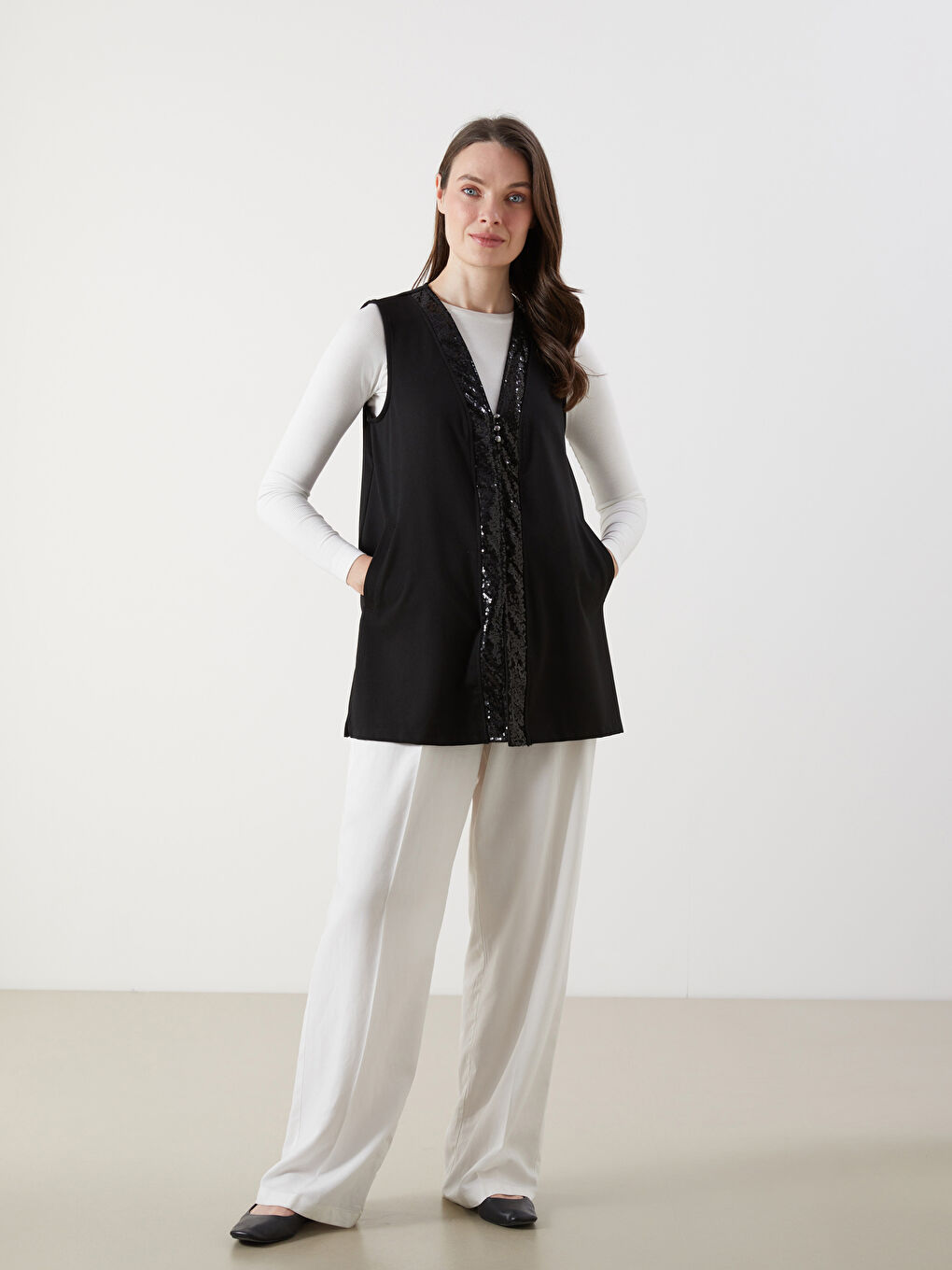 LCW ECO V Neck Sequined Women's Waistcoat -S5PE77Z8-CVL
