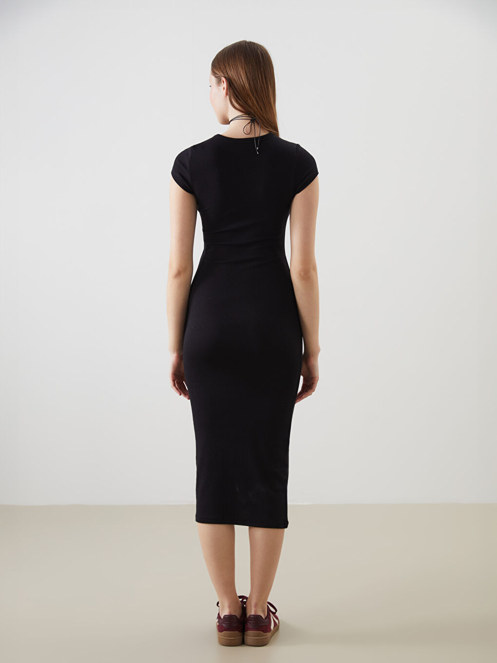 Siyah Bisiklet Yaka Bodycon Elbise-3